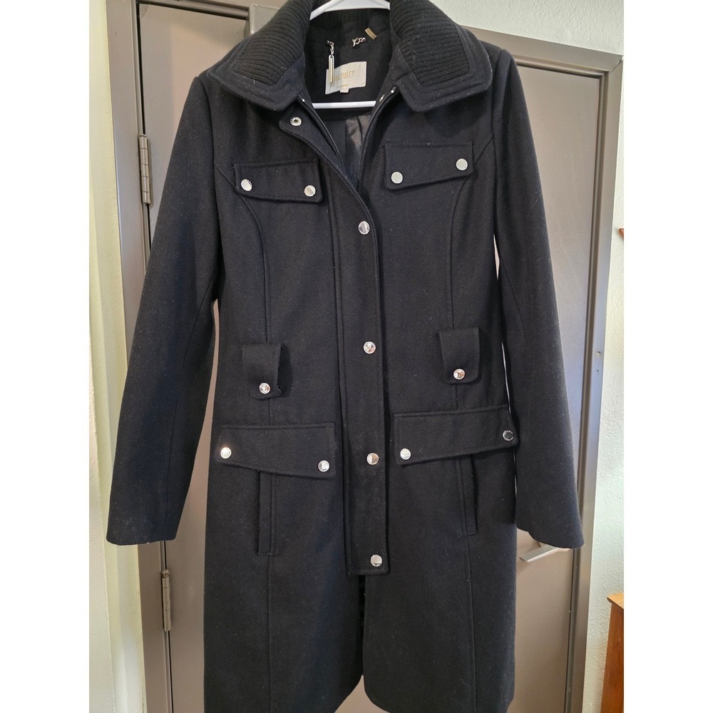Laundry by Shelli Segal Black Wool Blend Military Coat Silver Snaps Women Small - Picture 2 of 12